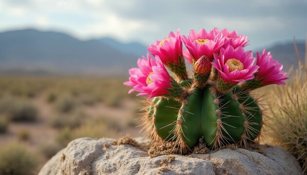 Desert cactus blooms vibrantly showcasing pink flowers against a rugged mountain backdrop. A stunning scene of resilience and beauty in arid landscape. Ideal for nature, travel or wellness themes.