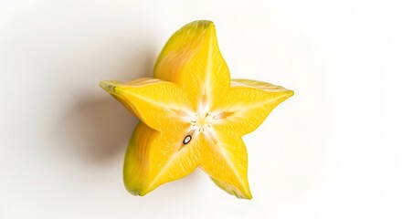 Fototapeta premium Vibrant Yellow Star Fruit Slice on White Background, Revealing Unique Carambola Cross-Section and Seeds
