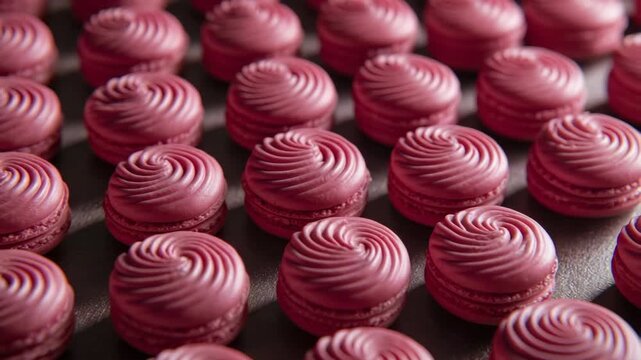 Rows of delicious raspberry macarons with swirled buttercream frosting
