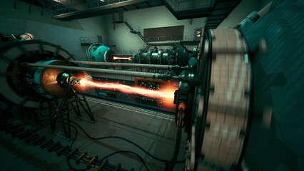 In a dimly lit laboratory, scientists observe vibrant energy beams shooting from complex machines. Advanced technology and intricate setups fill the space, highlighting innovation and experimentation.