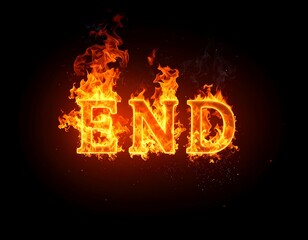 Bold, fiery letters spelling "END" against a stark black backdrop. The orange flames rise dynamically, creating a dramatic effect