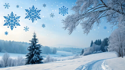 Elegant winter sale banner with intricate paper snowflakes and cool blue background, ideal for seasonal marketing, holiday ads, retail promotions, digital storefront graphics