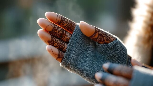 Hands with intricate henna designs, woolen gloves, praying.