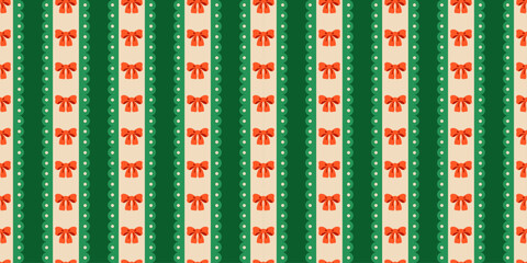 Seamless vintage Christmas pattern with red bows and green stripes. Retro festive background perfect for wrapping paper, fabric, packaging, and holiday projects inspired by nostalgic seasonal charm.