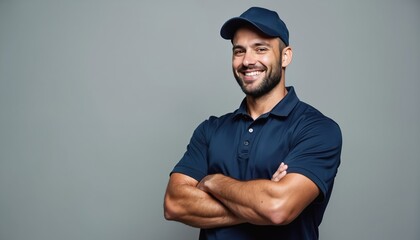 Smiling man wears navy polo shirt and cap. He stands with arms crossed against a plain gray backdrop, exuding confidence. Pro worker ready for service tasks.