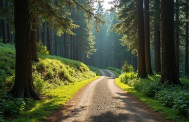 Obraz premium Scenic photo shows path winding through old forest. Sun shines on green grass and trees. Walkway leads into peaceful wood in daytime. Forest scene with sunny sunlight.