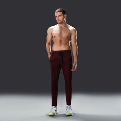 Fototapeta premium Shirtless athletic male model standing in studio, showcasing muscular physique, fitness body, and healthy lifestyle on dark background.