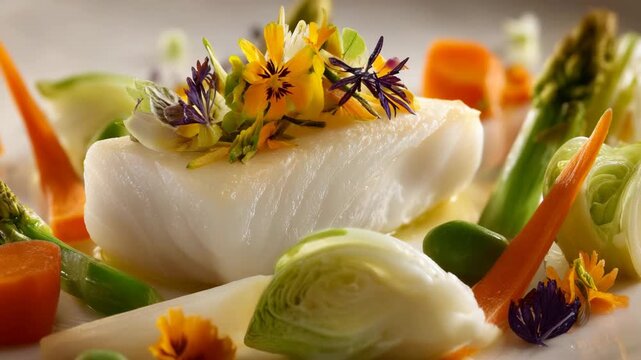 Elegant cod fillet with fresh vegetables and edible flowers on a white plate