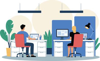 Modern office illustration with two colleagues working on laptops, minimal workspace design, indoor plants and creative professional teamwork concept