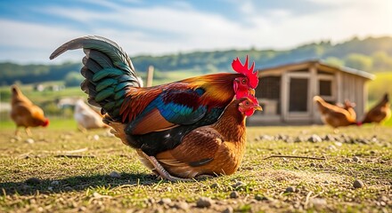 Rooster and Chickens on a Farm with Coop in Background.