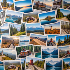 Stunning collection of scenic photographs showcasing mountains, lakes, and charming cabins, evoking sense of adventure and tranquility