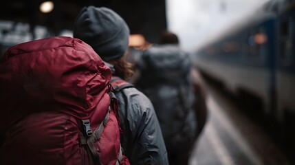 Travelers with large backpacks stand on a train station platform awaiting departure next to a train