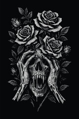 Dark gothic illustration of a skull with blooming roses, symbolizing life and death. Perfect for tattoo, apparel, or poster art.