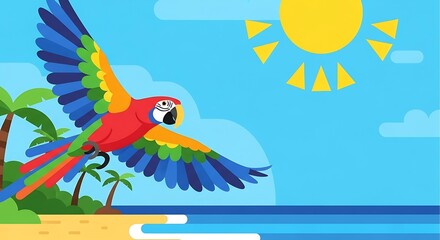 Vibrant Macaw Parrot Flying Over Tropical Beach with Palm Trees and Sun.