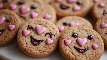 Closeup of happy emoji cookies decorated with pink hearts