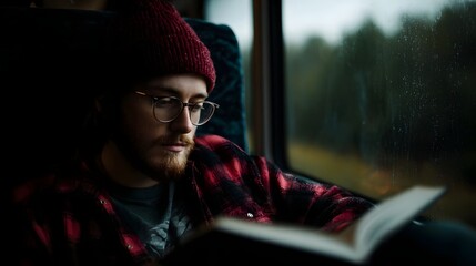 A man wearing a red beanie and glasses reads a book on a rainy bus journey through the countryside