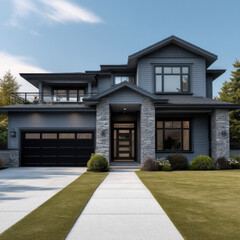 Modern home exterior with stone and wood accents, large windows, double garage, manicured lawn, and clear blue sky create welcoming atmosphere