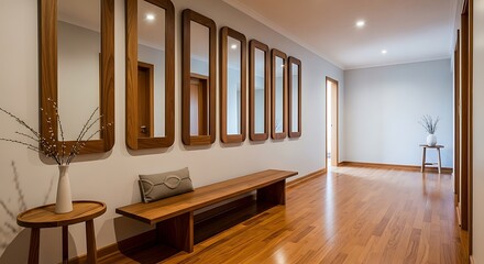 Modern Hallway Interior with Wooden Bench and Multiple Mirrors Reflecting Light.