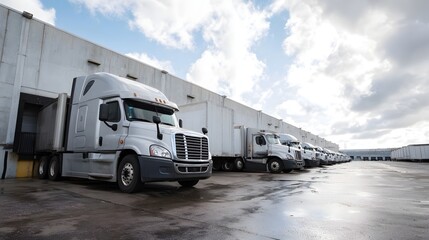 Naklejka premium Commercial semi trailer trucks lined up at a warehouse loading dock under a cloudy sky