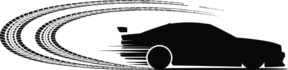 Sports car silhouette drifting with tire marks creating a dynamic curve © mdnirobsardar05