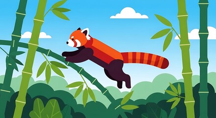 Red Panda Climbing Bamboo in Lush Green Forest with Blue Sky.
