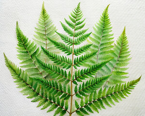 Green fern frond with delicate leaves on a textured white background