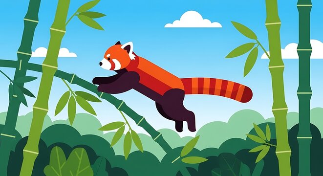 Red Panda Climbing Bamboo in Lush Green Forest with Blue Sky. - Powered by Adobe