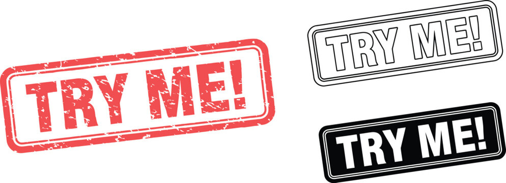 Three try me stamps in red black and white on a white background