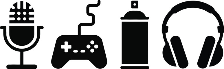 Creative gaming icons microphone controller spray can and headphones icon set for digital media