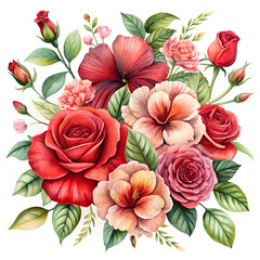 Vibrant watercolor bouquet of red roses hibiscus and poppies detailed floral on white background