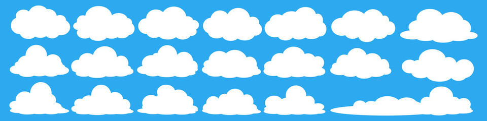set of vector illustrations of clumpy clouds, cloud bubbles in flat style on a blue background
