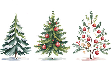 Watercolor illustration of three Christmas trees with red ornaments, festive holiday decoration, evergreen pine design for winter celebration artwork