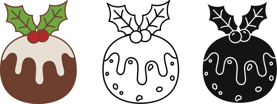 Three christmas puddings with holly and cherries in different styles