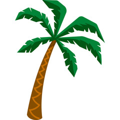 Green palm tree with brown trunk and large green leaves against a transparent background in a simple graphic style