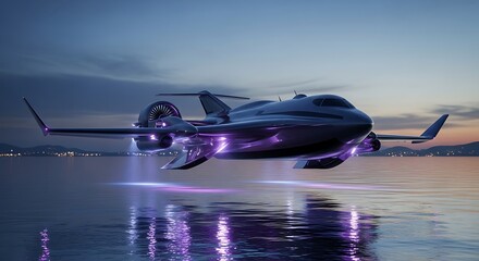 Futuristic Aircraft Landing on Water at Dusk with Purple Lights.