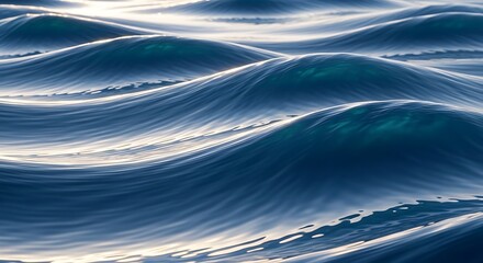 Close-up of Blue Ocean Waves Reflecting Sunlight at Sunset.
