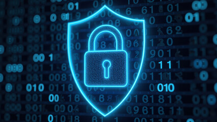 Digital security shield with padlock symbol, representing protection and safety technology. background features binary code, emphasizing