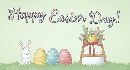 Happy Easter Day greeting card with cute bunny, colorful eggs, and floral basket on green background.