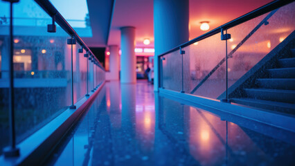 Modern corridor with glass railings, illuminated by colorful lights, creates vibrant atmosphere. wet floor reflects hues, enhancing ambiance