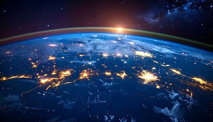 Breathtaking high-angle view of the Earth showcasing city lights at night. The sun rises on the horizon, with stars visible above