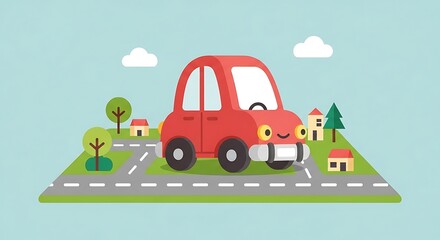 Cute Red Cartoon Car Driving Through a Miniature Town with Roads and Houses.