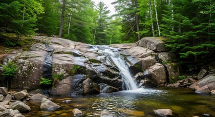 Beautiful Waterfall Cascading Down Rocky Forest Stream.