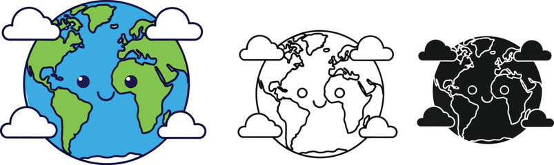 Three versions of a cartoon earth globe with clouds and a cute face