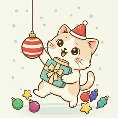 A funny cartoon illustration of a baby cat playing with a Christmas ball and a gift for a winter holiday card