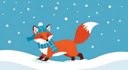 Cute Fox Wearing Scarf and Hat in Snowy Winter Landscape.