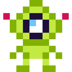 Pixel Art Alien Character With One Eye And Pink Antennae On A White Background
