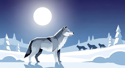 Lone Wolf Howling at the Full Moon in a Snowy Winter Landscape.