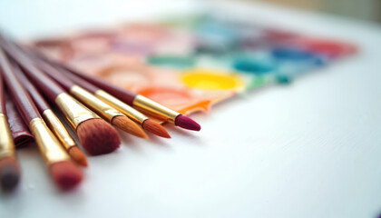 Close up of artist paintbrushes, colorful watercolor palette on white table. Creative supplies for drawing class, art school education. Tools for painting artwork, design process creative hobby in