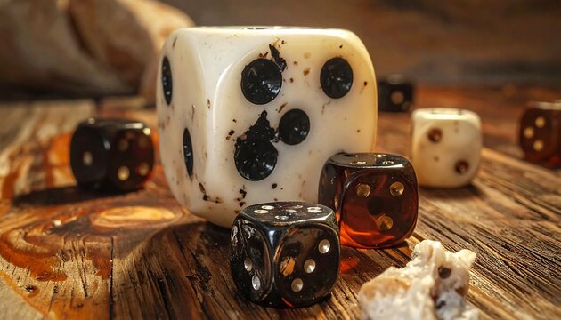 Assortment of dice in different sizes and colors, arranged on a rustic wooden surface. Some are in sharp focus, while others are blurred