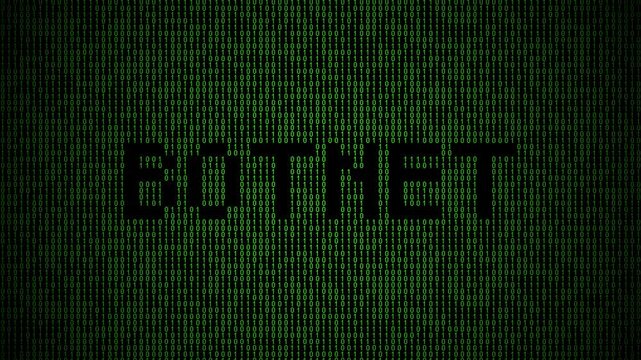 Binary botnet animation with cyber attack and data network flow.